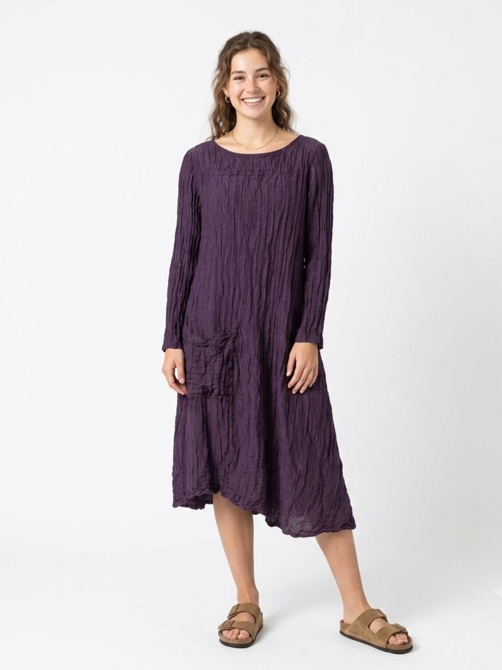 GRIZAS Purple Linen Silk Crinkle Midi Dress Size S Asymmetric Hem Long Sleeve